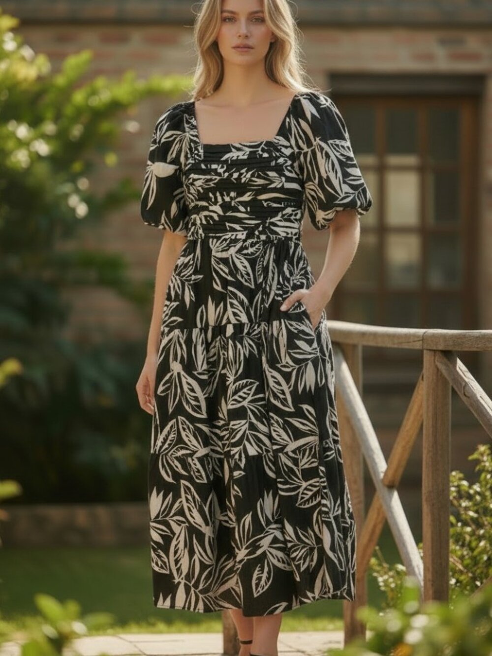 NWT King Road 100% Cotton Black White Leaf Print Puff Sleeve Midi Dress M